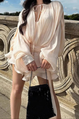 Flowy Sheer Black Blouse Dress with Layered Skirt & Shorts