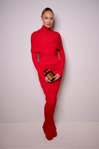 Red Long-Sleeve High-Neck Ribbed Maxi Dress