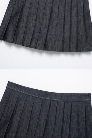 Pleated High-Waisted Denim Mini Skirt