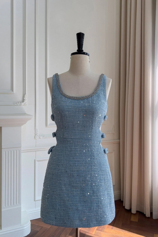 Sleeveless Blue Tweed Mini Dress with Bow Accents and Embellished Neckline