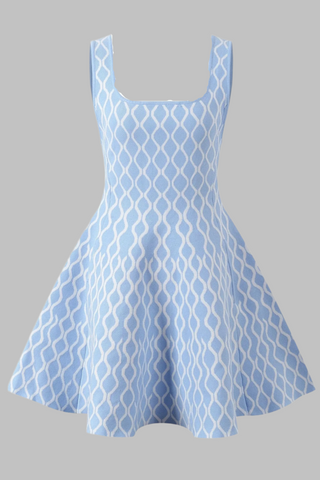 Light Blue and White Patterned Knitted Sleeveless Mini Dress with Square Neckline