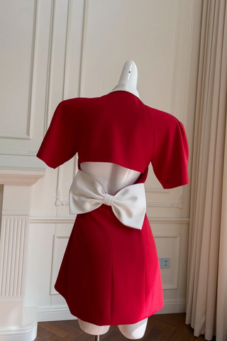 Red Short-Sleeve Bow-Back Mini Dress