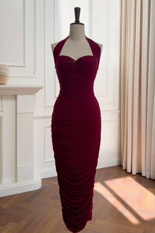 Burgundy Ruched Halter Midi Dress