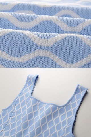 Light Blue and White Patterned Knitted Sleeveless Mini Dress with Square Neckline