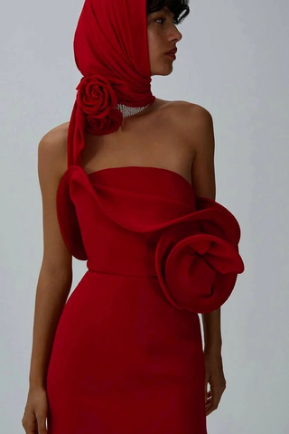 Red Strapless Mini Dress with Oversized Rosette Detail