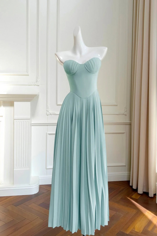 Mint Green Strapless Maxi Dress with Pleated Skirt and Sweetheart Bodice