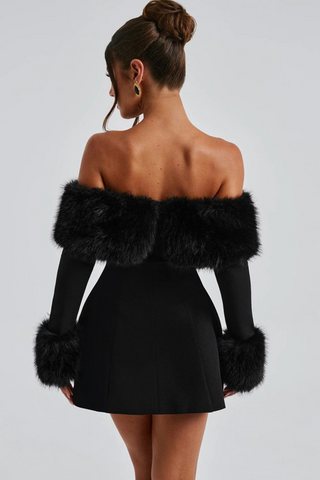 Black Off-Shoulder Long Sleeve Mini Dress with Faux Fur Trim