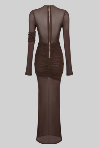 Long Asymmetric Sheer Mesh Dress with Draped Ruched Skirt