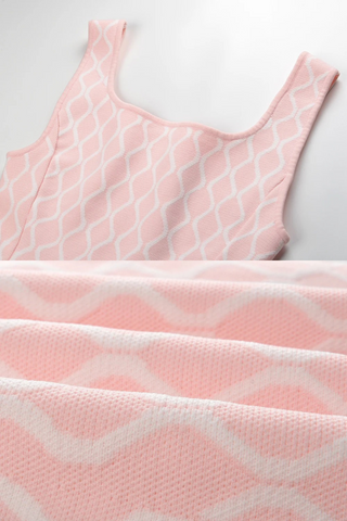 Baby Pink and White Patterned Knitted Sleeveless Mini Dress with Square Neckline