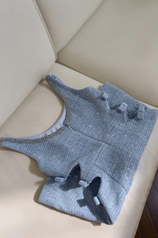 Sleeveless Blue Tweed Mini Dress with Bow Accents and Embellished Neckline