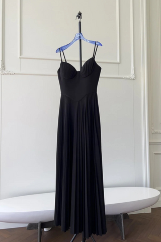 Black Strapless Maxi Dress with Pleated Skirt and Sweetheart Bodice