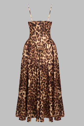 Leopard Print Corset Midi Dress with Crystal Straps