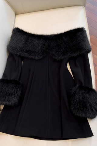 Black Off-Shoulder Long Sleeve Mini Dress with Faux Fur Trim