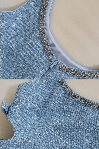 Sleeveless Blue Tweed Mini Dress with Bow Accents and Embellished Neckline