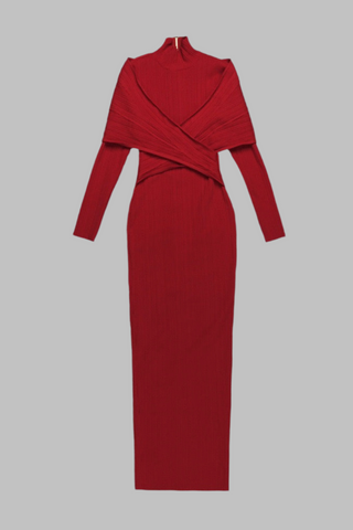Red Long-Sleeve High-Neck Ribbed Maxi Dress