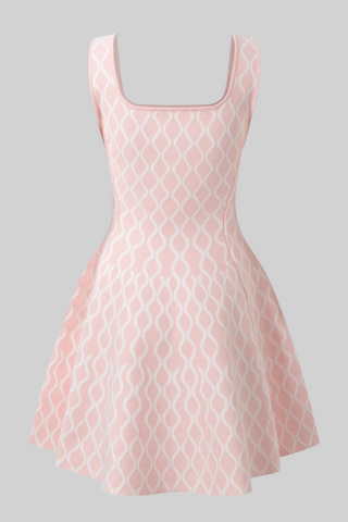Baby Pink and White Patterned Knitted Sleeveless Mini Dress with Square Neckline