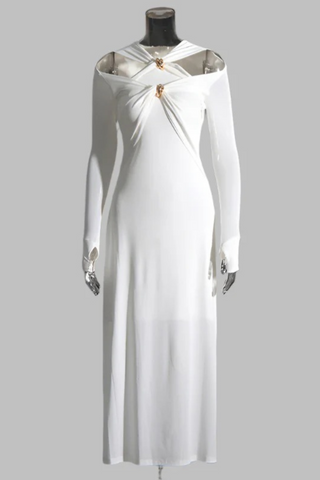 Gold Accent Cutout Long Sleeve Long Dress