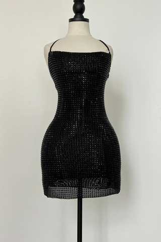 Sleeveless Rhinestone Mesh Mini Dress