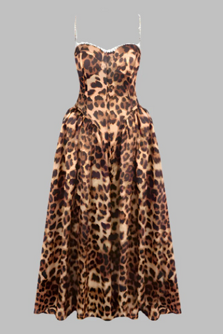 Leopard Print Corset Midi Dress with Crystal Straps