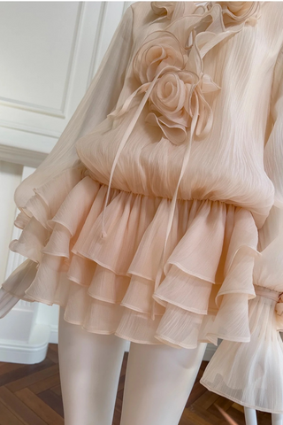 Rosette Ruffle Long Sleeve Layered Chiffon Mini Dress