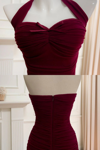 Burgundy Ruched Halter Midi Dress