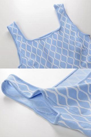 Light Blue and White Patterned Knitted Sleeveless Mini Dress with Square Neckline