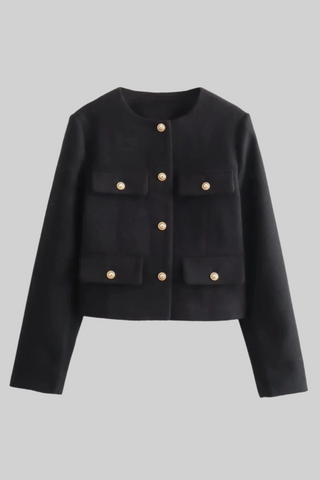 Elegant Tweed Button-Up Blazer with Gold Embellished Buttons