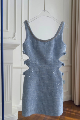 Sleeveless Blue Tweed Mini Dress with Bow Accents and Embellished Neckline
