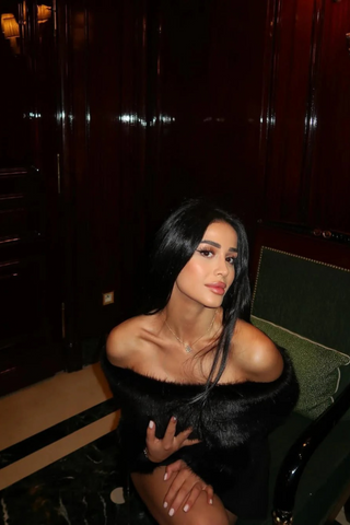 Black Off-Shoulder Long Sleeve Mini Dress with Faux Fur Trim