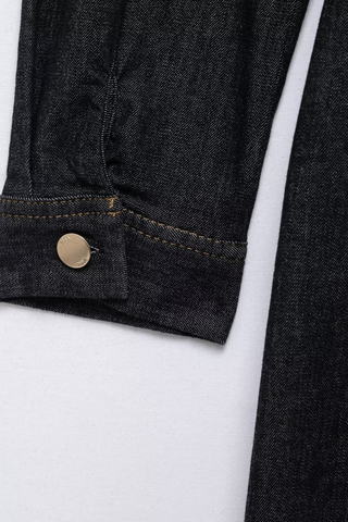 Dark Wash Button-Up Denim Long Midi Dress with Long Sleeves and Pocket Detail