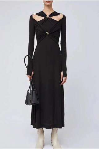 Gold Accent Cutout Long Sleeve Long Dress