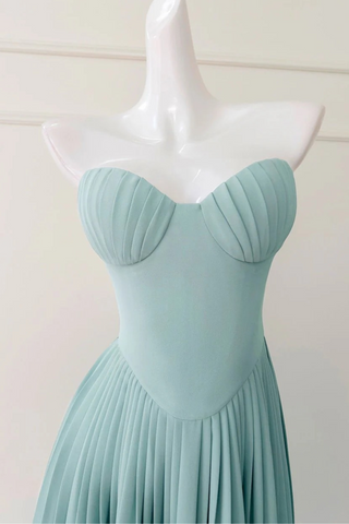 Mint Green Strapless Maxi Dress with Pleated Skirt and Sweetheart Bodice