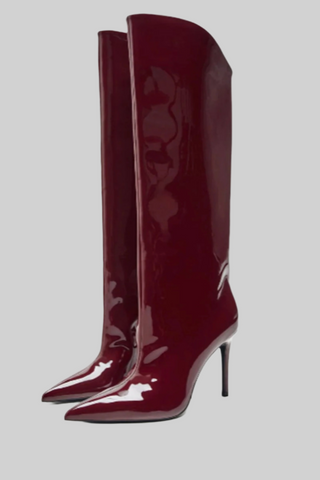 Glossy High-Shine Patent Leather Pointed Toe Knee Boots