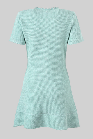 Short-Sleeve Mint Tweed A-Line Mini Dress with Pearl Embellishments