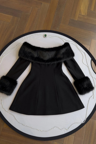 Black Off-Shoulder Long Sleeve Mini Dress with Faux Fur Trim