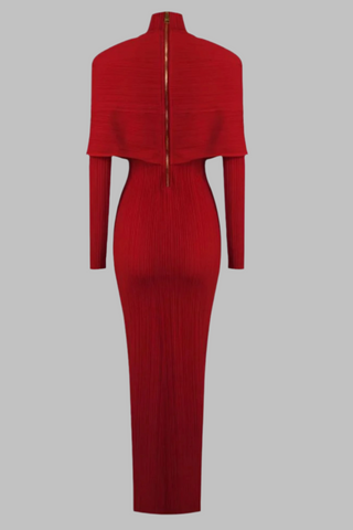 Red Long-Sleeve High-Neck Ribbed Maxi Dress