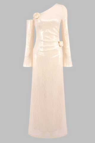 Sequin Lace One-Shoulder Long Dress with Rosette Detail