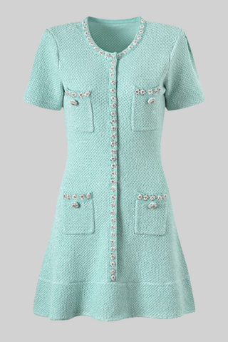 Short-Sleeve Mint Tweed A-Line Mini Dress with Pearl Embellishments