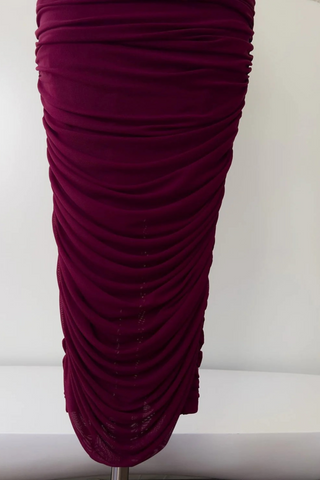 Burgundy Ruched Halter Midi Dress