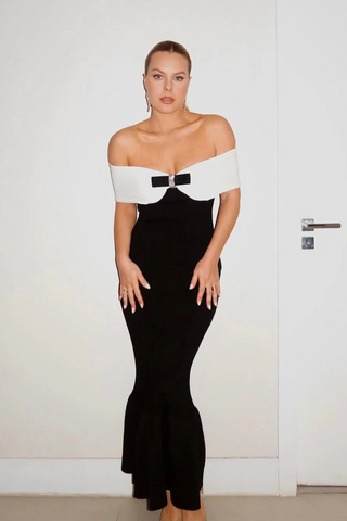 Off-Shoulder Bow Detail Ribbed Knit Long Dress