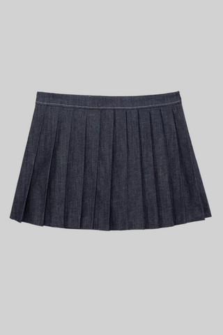 Pleated High-Waisted Denim Mini Skirt