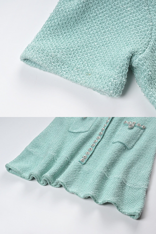 Short-Sleeve Mint Tweed A-Line Mini Dress with Pearl Embellishments