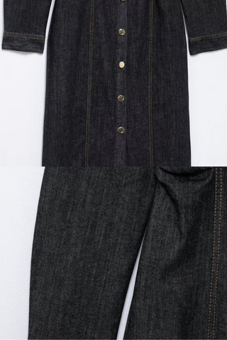 Dark Wash Button-Up Denim Long Midi Dress with Long Sleeves and Pocket Detail