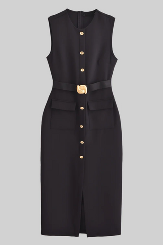 Belted Sleeveless Crepe Midi Dress with Gold Button Detail