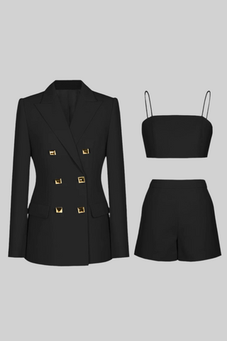 3-Piece Suit – Double-Breasted Blazer, Spaghetti Strap Crop Top & High-Waisted Shorts Set