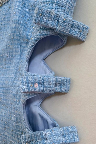 Sleeveless Blue Tweed Mini Dress with Bow Accents and Embellished Neckline