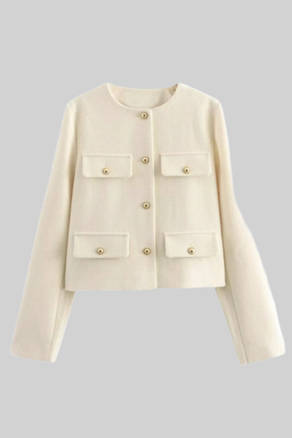 Elegant Tweed Button-Up Blazer with Gold Embellished Buttons