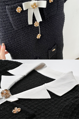 Elegant Short Sleeve Bow Tweed Mini Dress