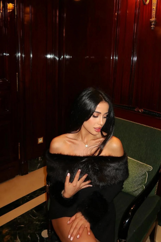 Black Off-Shoulder Long Sleeve Mini Dress with Faux Fur Trim Nevo Black Off-Shoulder Long Sleeve Mini Dress with Faux Fur Trim Nevo