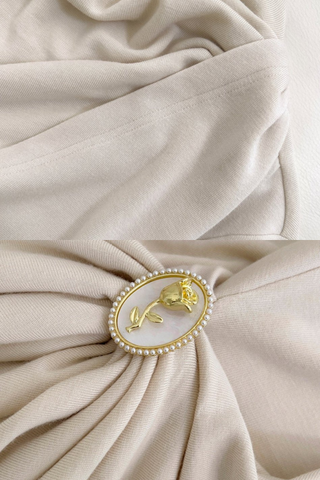 Cream Long-Sleeve Draped Mini Dress with Rhinestone Detail